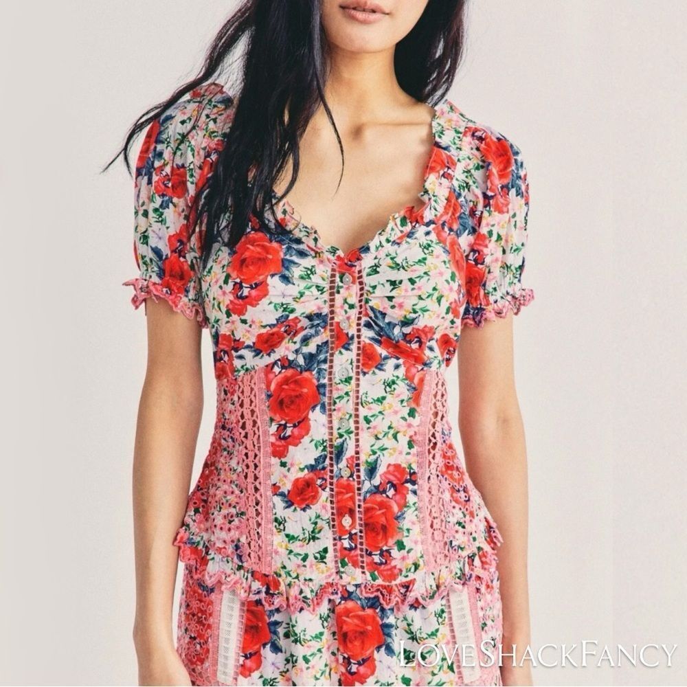 LoveShackFancy **NWT** Bryant Ruffle Trim Button Front Top in Rush of Red Floral - Picture 11 of 16